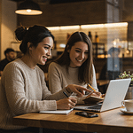 Two women sitting at a table in a café, engaged in a discussion while using a laptop.