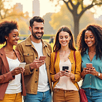 Four friends, two women and one man, using smartphones while standing outdoors in a park.