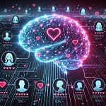 DALL·E 2025 02 25 13.13.50 A futuristic AI brain representing a dating app algorithm. The brain is glowing with neon blue and pink lights, surrounded by data streams and hologra