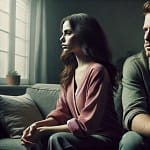 A realistic image of a couple sitting together but emotionally distant. The man and woman sit side by side on a couch, facing forward, not making eye