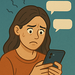 A person with long hair looking worried while holding a smartphone, with speech bubbles above indicating messages.