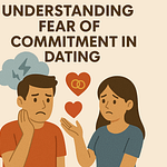Illustration depicting a man and woman discussing fear of commitment in dating with symbols of hearts and wedding rings.