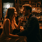 A couple sitting at a bar, smiling at each other while holding a drink.