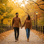 A couple holding hands while walking on a path surrounded by autumn foliage in a park.