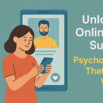 Illustration of a woman using a smartphone with a dating profile displayed on the screen.