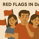 Illustration showing three characters with red flags in a dating context, expressing concern and confusion.