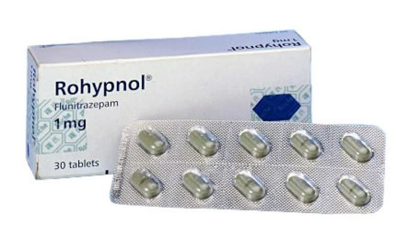 Box of Rohypnol containing 30 tablets of Flunitrazepam, each 1mg, with a blister pack visible.
