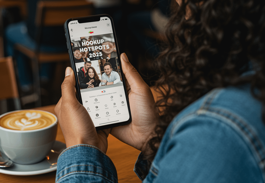 Individual holding a smartphone displaying a dating app in a cafe setting with a coffee cup nearby.