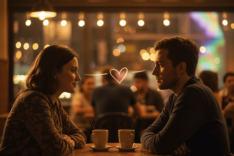 A couple sitting across from each other at a table with two cups of coffee in a cozy setting.