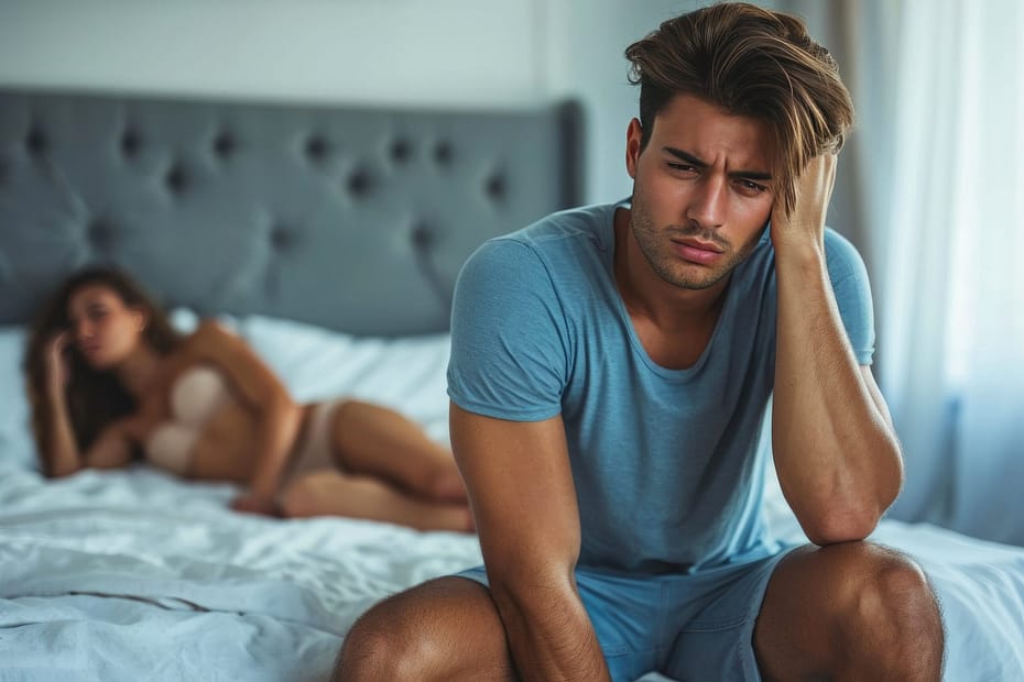 A man sitting on a bed with a pensive expression, while a woman is lying in the background.