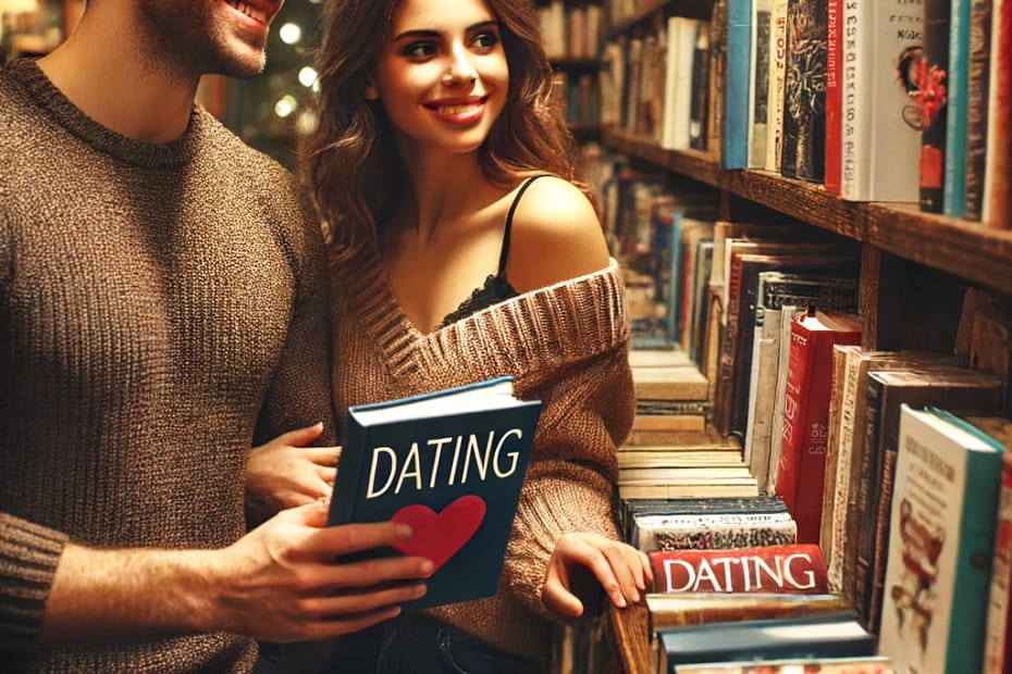 DALL·E 2024 06 17 17.57.13 A couple browsing books on a shelf labeled 'Dating', with the couple looking engaged and interested. The shelf is filled with various dating books. Th