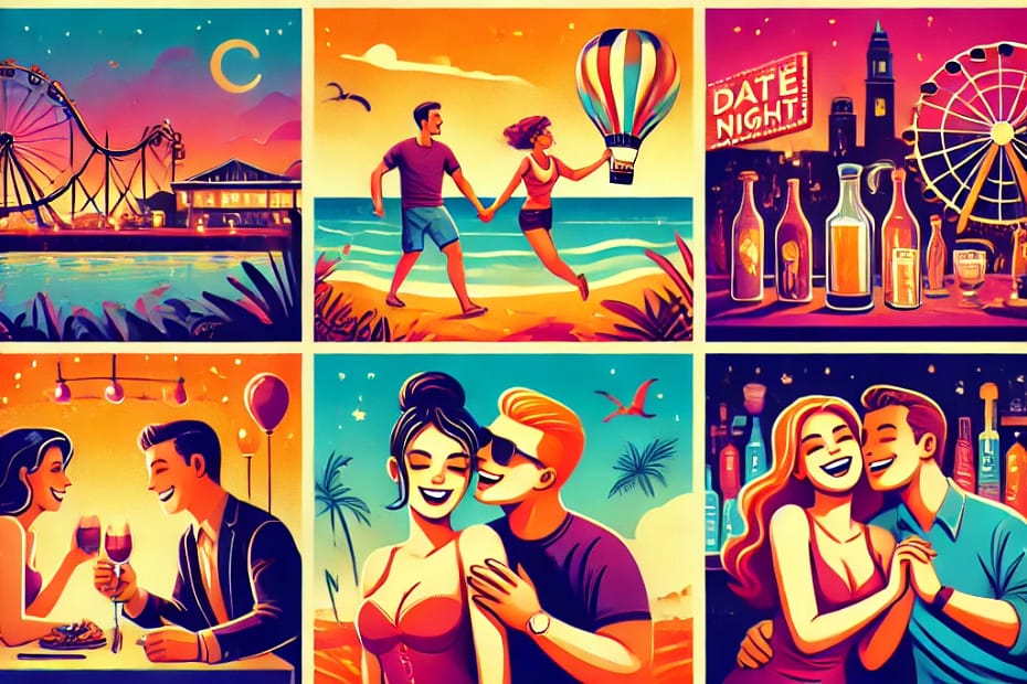 DALL·E 2024 06 23 09.41.28 A vibrant, playful collage for a dating theme, featuring a diverse array of illustrated scenes a couple having a romantic dinner by candlelight, two