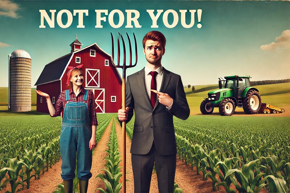 DALL·E 2024 06 29 08.09.46 Photorealistic image of a farm background with rolling fields and a big red barn. In the foreground, a perplexed looking urban professional in a suit,
