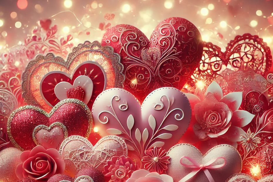 DALL·E 2025 01 28 21.11.31 A collection of romantic Valentine's Day hearts in various shades of red and pink, some with glitter, others with intricate lace patterns. Soft glowin
