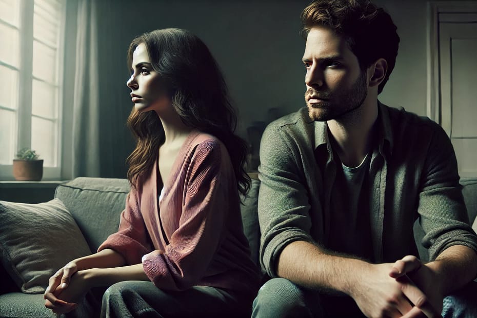 A realistic image of a couple sitting together but emotionally distant. The man and woman sit side by side on a couch, facing forward, not making eye