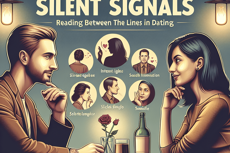 Illustration depicting two individuals at a table discussing silent signals in dating, with icons representing various signals.