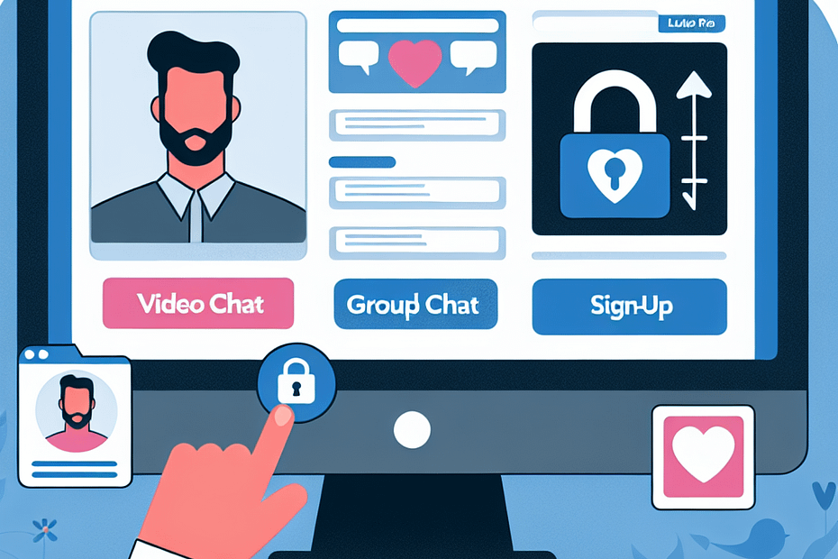 Illustration of an online dating platform interface featuring video chat and user profiles.