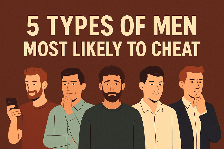 Illustration depicting five different men with varying expressions and styles, labeled '5 Types of Men Most Likely to Cheat'.