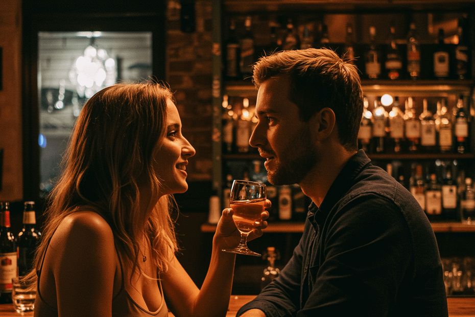 A couple sitting at a bar, smiling at each other while holding a drink.