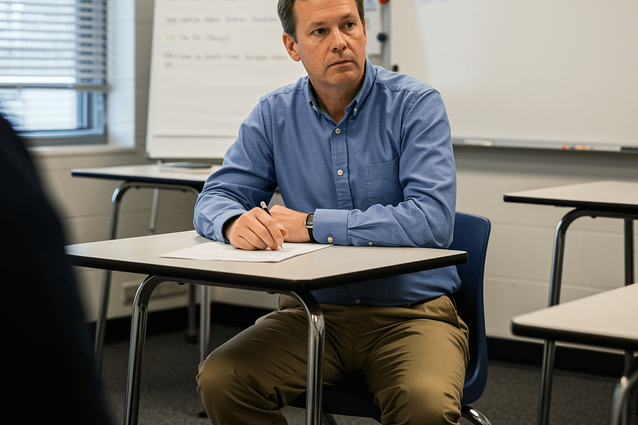 A man seated at a desk in a classroom, taking notes with a pen and looking attentively.