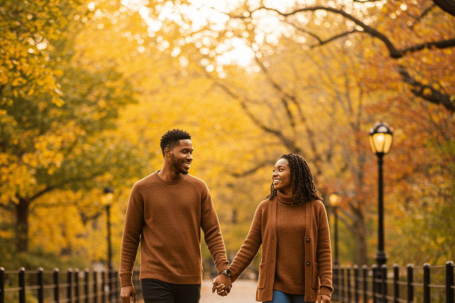 A couple holding hands while walking on a path surrounded by autumn foliage in a park.
