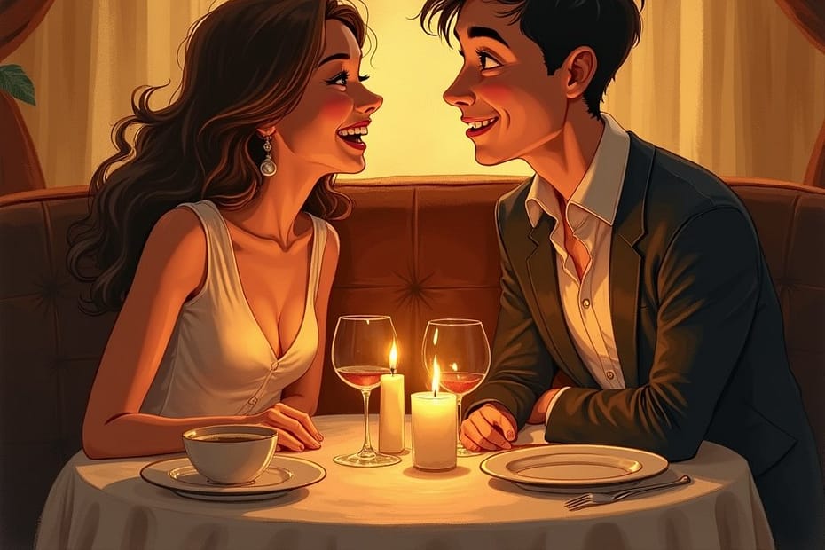 Illustration of a couple at a dinner table with red flags on their heads, smiling at each other.