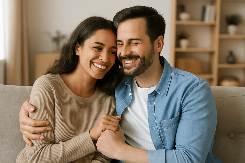 A couple smiling and holding hands while sitting closely on a couch in a cozy indoor setting.