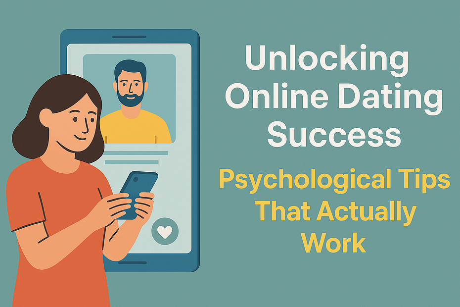 Illustration of a woman using a smartphone with a dating profile displayed on the screen.