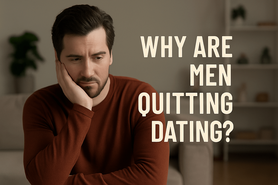 A man sitting on a couch with a thoughtful expression, resting his chin on his hand, with text asking why men are quitting dating.