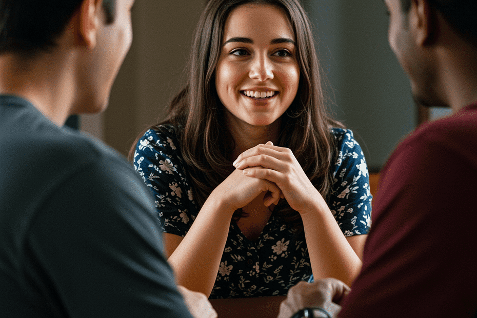 A woman smiling while engaging in conversation with two men at a table.