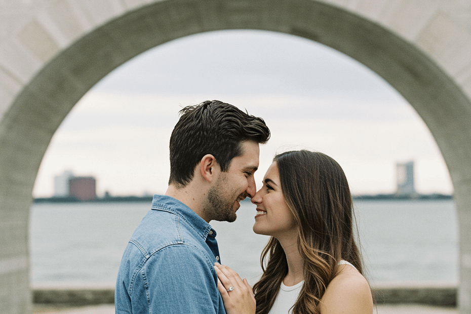A couple smiling and embracing under a stone archway near a body of water.