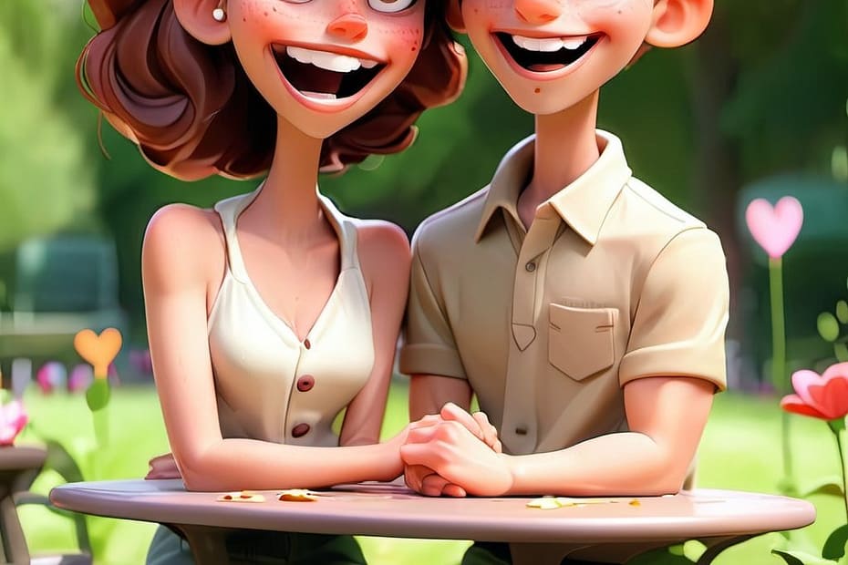 Animated couple with brown hair and freckles sitting at a table, smiling at each other in a park setting.