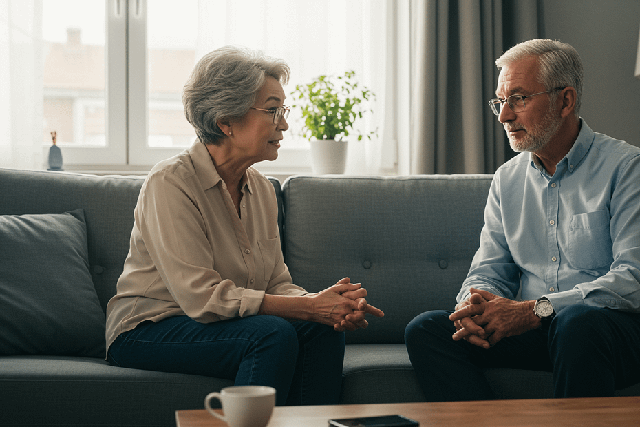 An elderly couple sitting on a couch, engaged in a conversation indoors with a plant in the background.