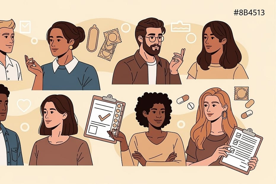 Illustration featuring diverse individuals engaged in conversations and activities in a light-colored background.