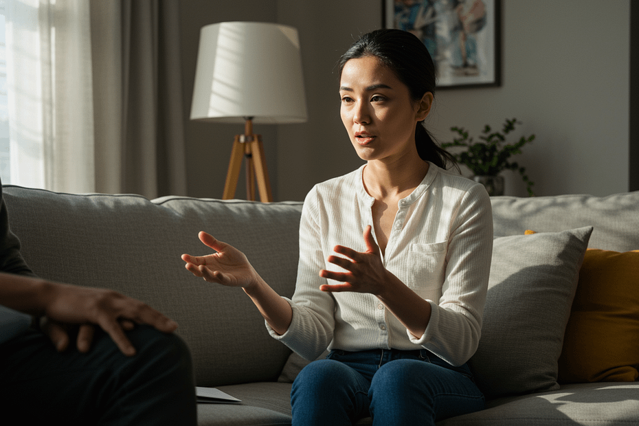 A woman with long black hair wearing a white blouse is speaking while sitting on a sofa.